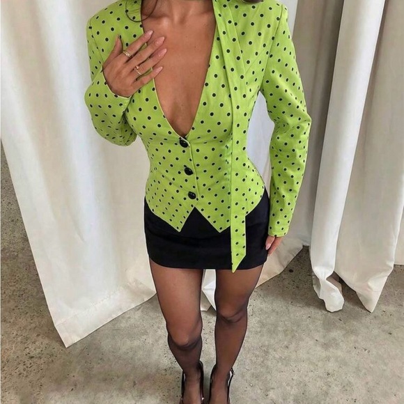 Very Chic Women's Elegant Polka Dot Print Deep V-Neck Fitted Blazer. Size L 8/10 - Picture 7 of 8